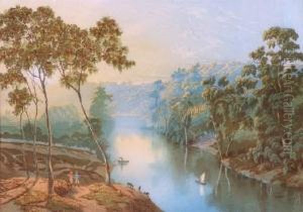 River Landscape Oil Painting by Nicholas Chevalier