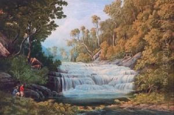 Fishermen Beside Waterfall Oil Painting by Nicholas Chevalier