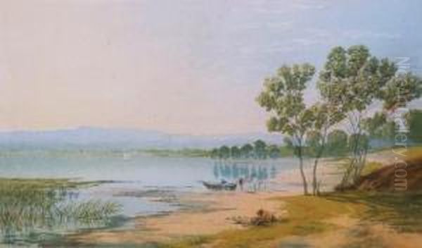 Fishermen On The Banks Of A Lake Oil Painting by Nicholas Chevalier