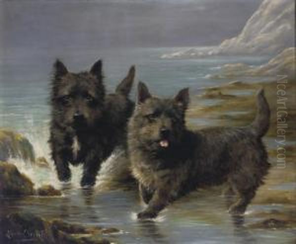 Two Cairn Terriers On The Shore Oil Painting by Lilian Cheviot