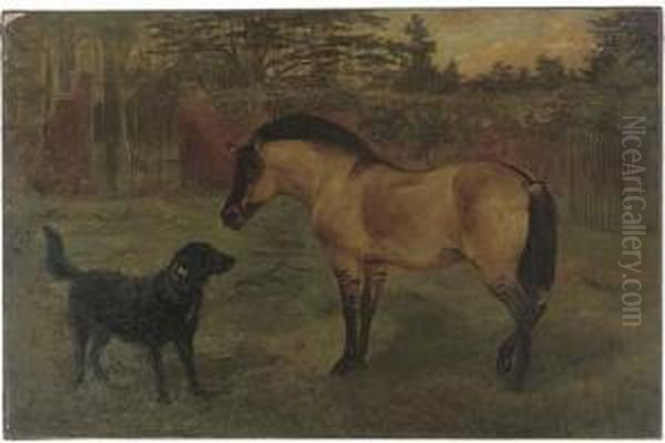 A Pony And A Labrador In A Walled Garden Oil Painting by Lilian Cheviot