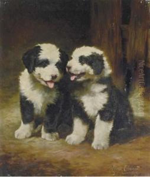 Burmese Mountain Puppies In A Barn Interior Oil Painting by Lilian Cheviot