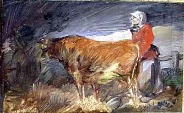 Woman and a Cow in a Landscape Oil Painting by Wilhelm Busch