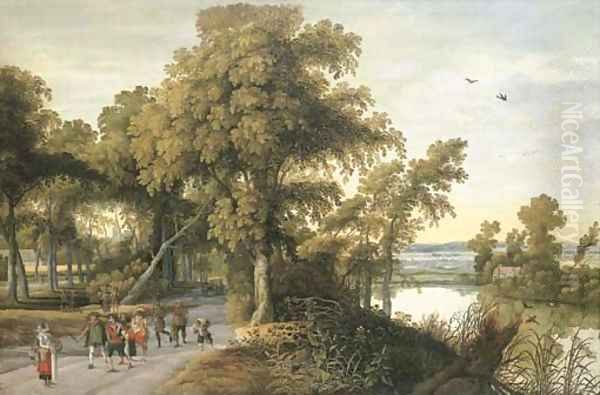 A wooded river landscape with soldiers, peasants and huntsmen on a path, a church through the trees beyond Oil Painting by Willem Van Den Bundel