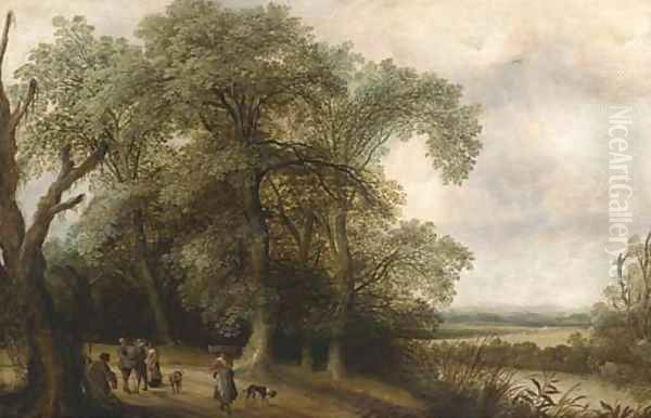 A wooded river landscape with figures on a track Oil Painting by Willem Van Den Bundel