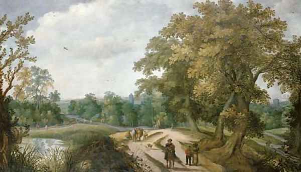 Peasants and travelers on a path, a village beyond Oil Painting by Willem Van Den Bundel