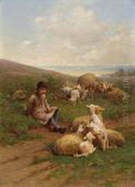 A Young Shepherd With His Flock Oil Painting by Luigi Chialiva