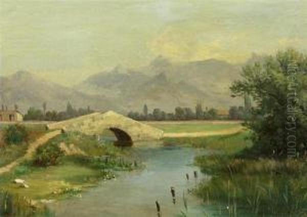 River Landscape With Bridge. Oil Painting by Luigi Chialiva