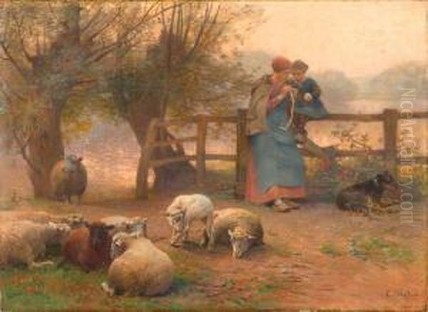 Peasant With Boy And Sheep On A Meadow. Oil Painting by Luigi Chialiva