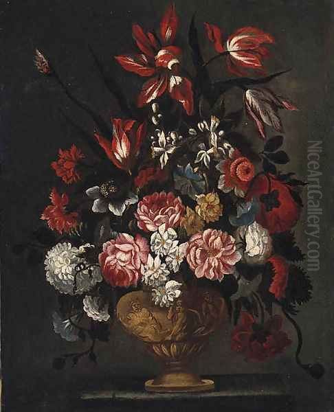 Flowers in an ornamental Urn Oil Painting by Andrea Belvedere