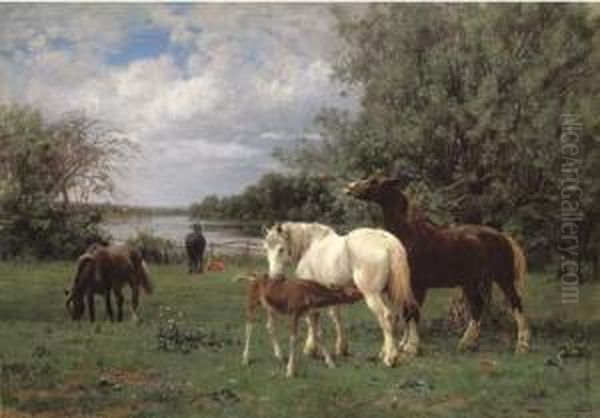 Horses At Pasture Oil Painting by Luigi Chialiva