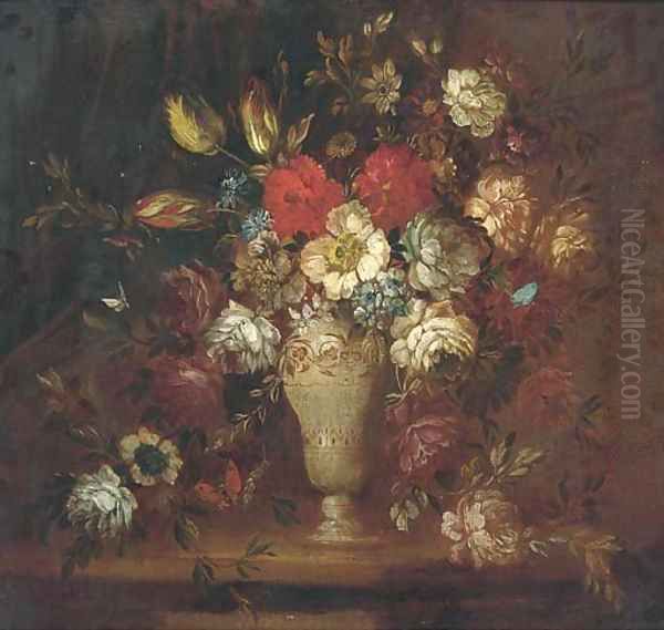 Roses, tulips, and other flowers in a vase with a butterfly on a ledge Oil Painting by Andrea Belvedere