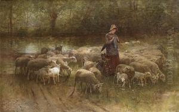 A Young Shepherdess Oil Painting by Luigi Chialiva