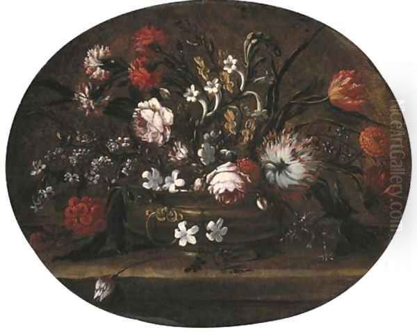 Roses, tulips, carnations and other flowers in a bronze vase on a ledge Oil Painting by Andrea Belvedere