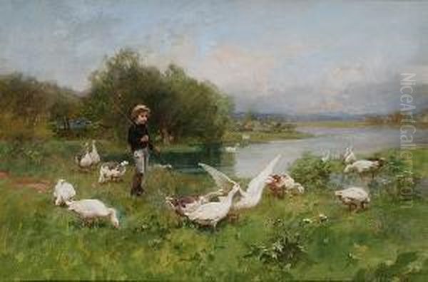 Young Boy Tending Geese Oil Painting by Luigi Chialiva