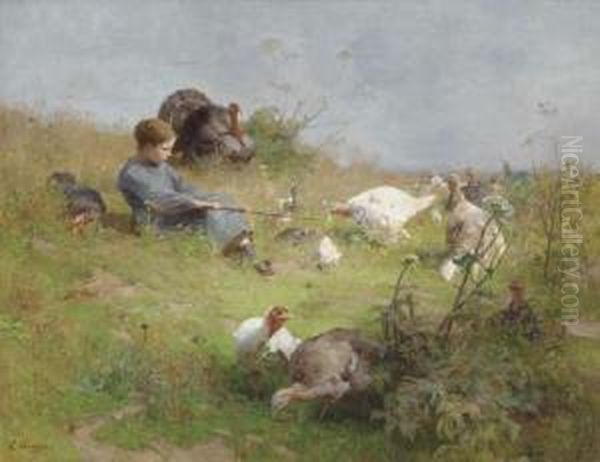 A Young Girl With A Flock Of Turkeys Oil Painting by Luigi Chialiva