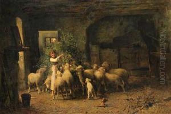 A Young Shepherdess Feeding Her Flock Oil Painting by Luigi Chialiva