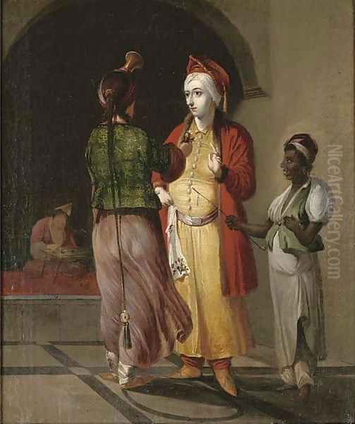 Two Moorish courtesans and a servant in an archway Oil Painting by Cornelis De Bruyn