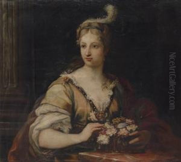 A Lady In A Yellow Dress And Red
 Robe, With A Feathered Headdress,arranging A Basket Of Flowers Oil Painting by Bartolomeo Giuseppe Chiari