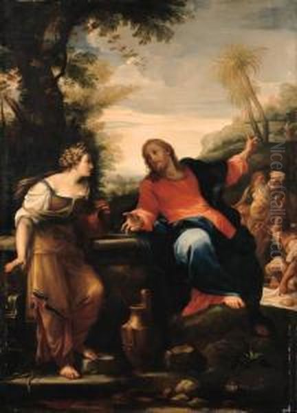 Christ And The Woman Of Samaria Oil Painting by Bartolomeo Giuseppe Chiari