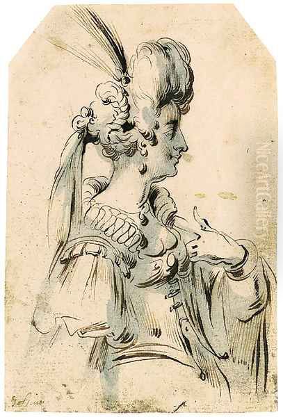 A Woman in Profile to the Right wearing a plumed Head-dress Oil Painting by Jacques Bellange