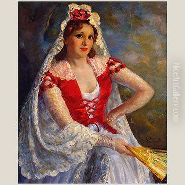 Dama Con Mantilla Oil Painting by Eduardo Chicharro Y Aguera