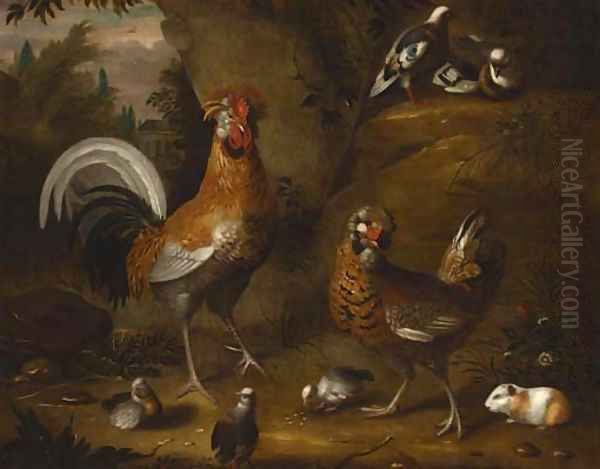 A cockerel and hen with chicks Oil Painting by Jakob Bogdany