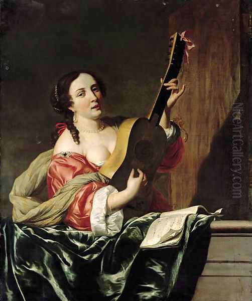 A lady playing a guitar on a balcony Oil Painting by Johannes Van Bronckhorst