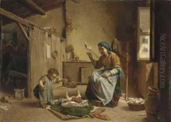 A Mother Winding Yarn With Her Children In An Interior Oil Painting by Gaetano Chierici