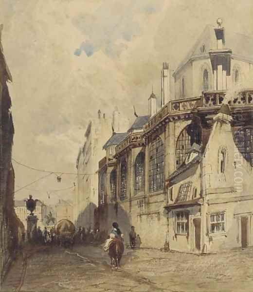 A horseman riding down a continental street Oil Painting by Thomas Shotter Boys