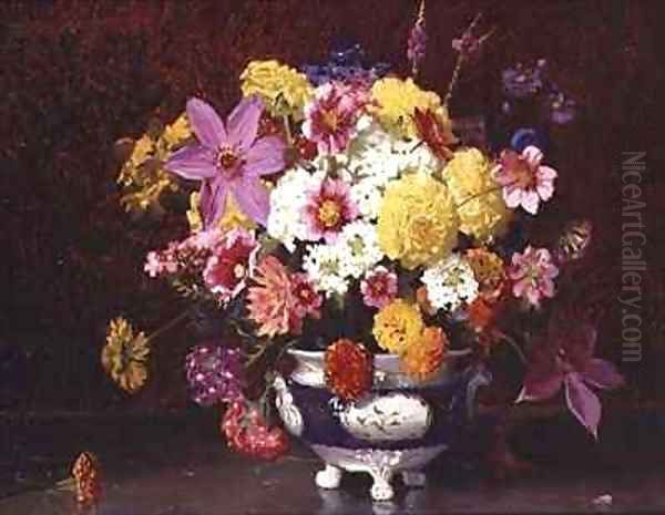 Still Life with Lilacs and Chrysanthemums Oil Painting by Arthur Herbert Buckland