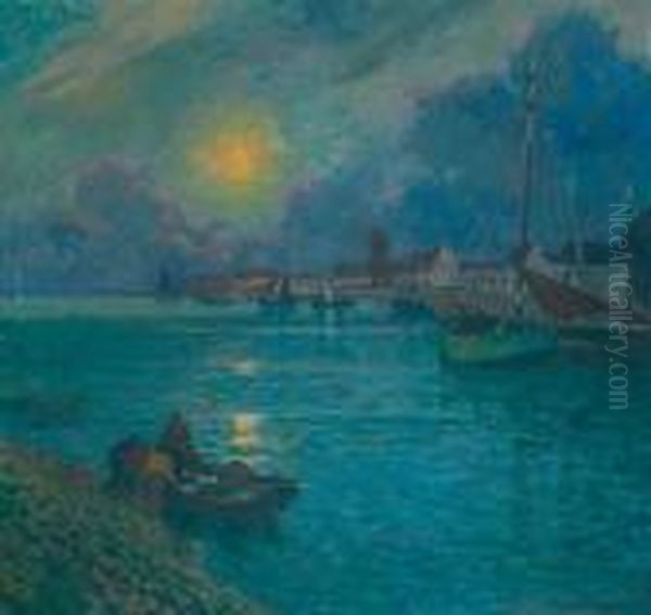 Couche De Soleil Sur Le Port Oil Painting by Eugene Chigot