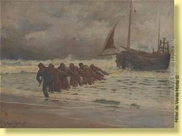 Pecheurs Halant Leurs Embarcations Sur La Plage Oil Painting by Eugene Chigot