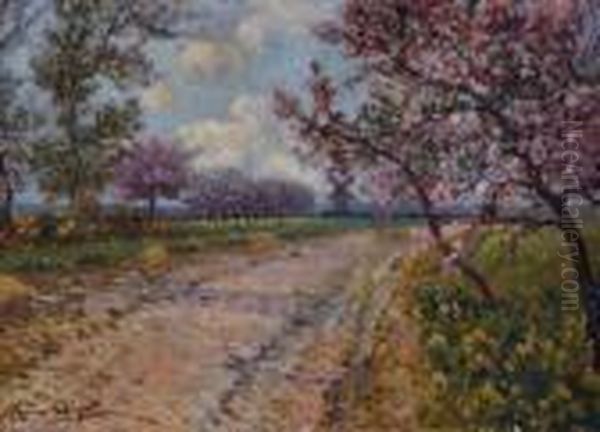 Chemin Borde D'arbres En Fleur Oil Painting by Eugene Chigot