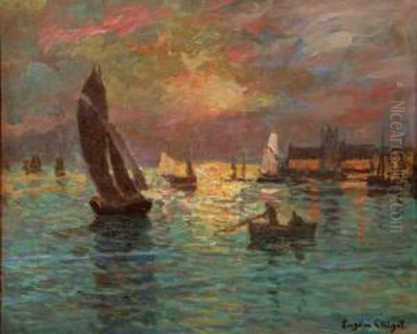 Bateaux Au Crepuscule Oil Painting by Eugene Chigot