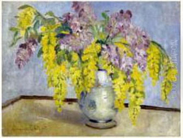 Vase De Fleurs Jaunes Et Mauves Oil Painting by Eugene Chigot