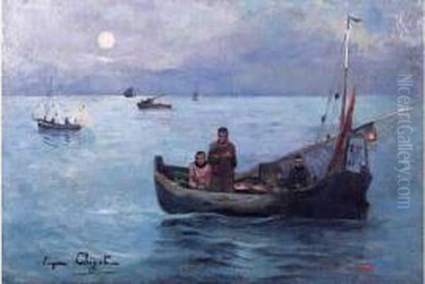 Pecheurs Au Clair De Lune Oil Painting by Eugene Chigot