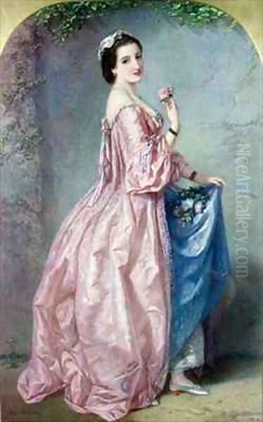 Lady holding Flowers in her Petticoat Oil Painting by Augustus Jules Bouvier