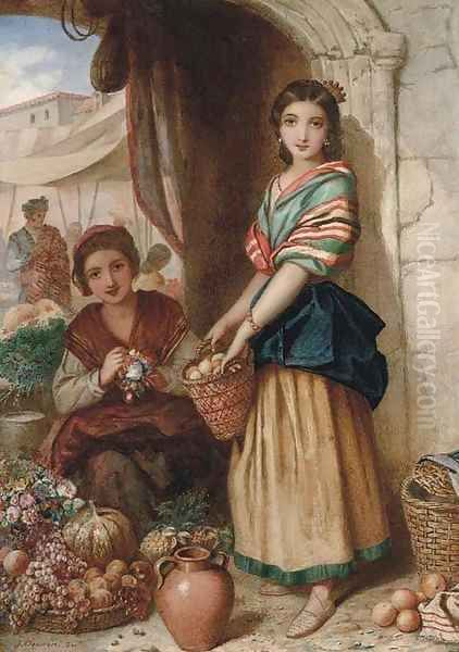 Spanish girls at a market Oil Painting by Augustus Jules Bouvier