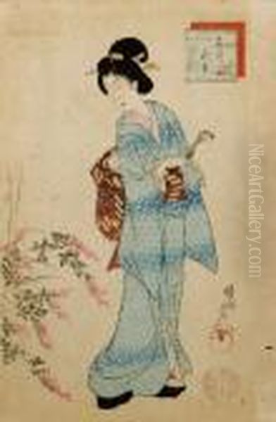 Donna Con Ventaglio E Fiori Di Glicine Oil Painting by Yoshu Toyoharu Chikanobu /