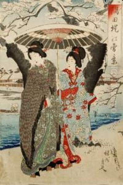 Due Donne Sotto La Neve Lungo Il Fiume Sumida Oil Painting by Yoshu Toyoharu Chikanobu /