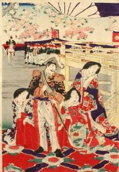 Imperatore Meiji E Dame Di Corte Oil Painting by Yoshu Toyoharu Chikanobu /