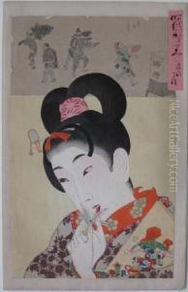 Beauty With A Feathered Toy Oil Painting by Yoshu Toyoharu Chikanobu /