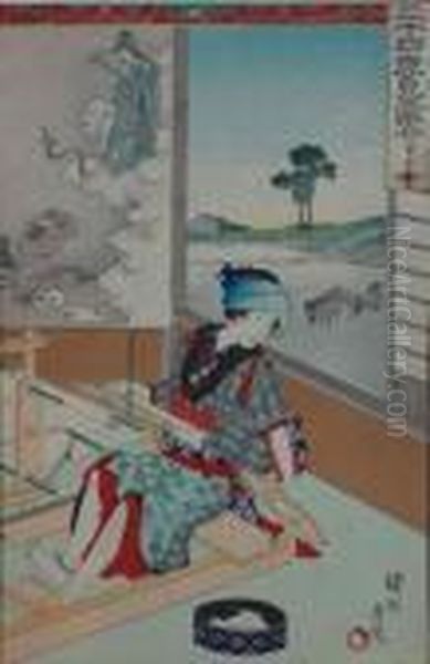 Geisha And Three Men Conversing Oil Painting by Yoshu Toyoharu Chikanobu /