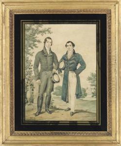 Portrait Of Two Gentleman, 
Standing Full-length, In A Parklandscape, Both In Elaborate Costume, 
Holding Top Hats Oil Painting by James Warren Childe