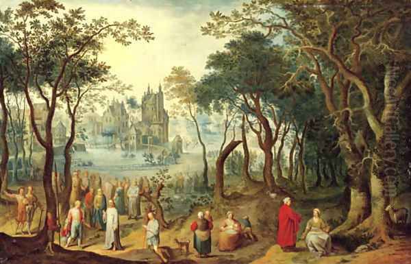 A wooded river landscape with Christ and the Young Ruler, a village beyond Oil Painting by Balthasar Beschey