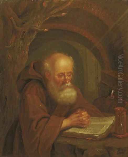 A hermit reading by a vaulted grotto Oil Painting by Balthasar Beschey