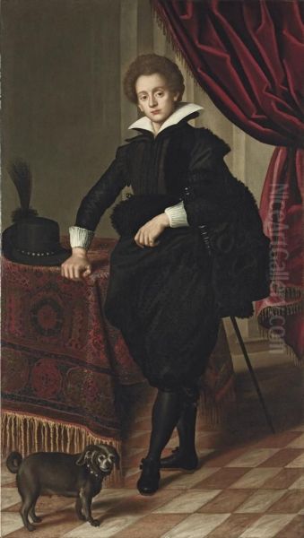 Portrait Of A Gentleman, 
Possibly Of The Strozzi Family, Full-length, In Black Doublet, Mantle 
And Pantaloons, Wearing A Sword, His Hat On The Carpet-draped Table 
Beside, With A Draped Curtain And A Lap-dog Oil Painting by (Jacopo Chimenti) Empoli