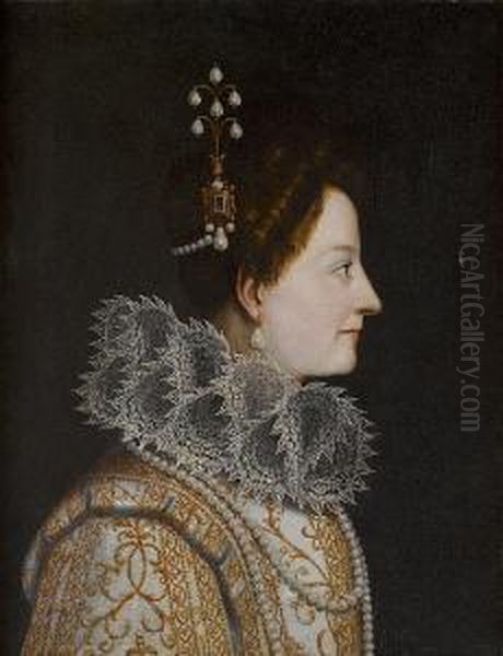 Portrait Of Catherine De' 
Medici, Bust-length, In Profile, In A Lace Ruff And Pearl Headdress Oil Painting by (Jacopo Chimenti) Empoli