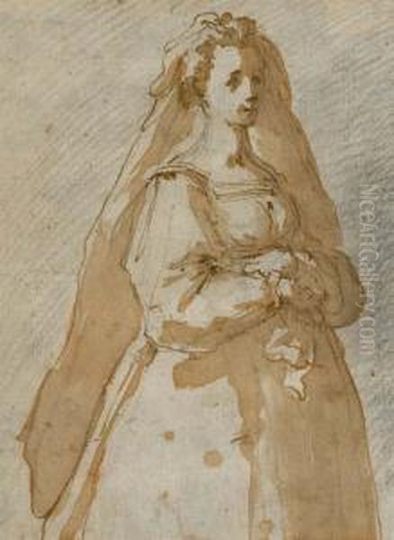 Femme Vetue D'une Robe Et Portant Un Voile, Les Mains Jointes Oil Painting by (Jacopo Chimenti) Empoli